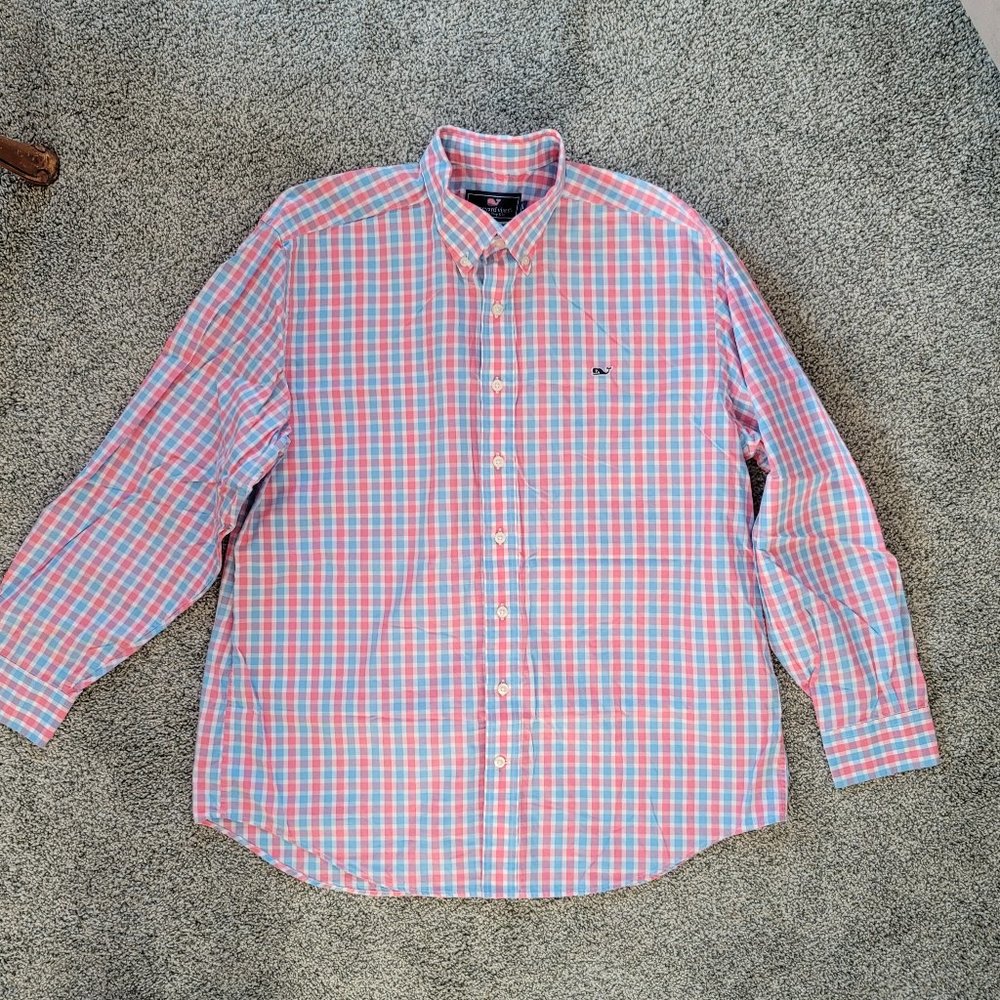 Men's Vineyard Vines Pink White & Blue Plaid Button down shirt Large- Se…
